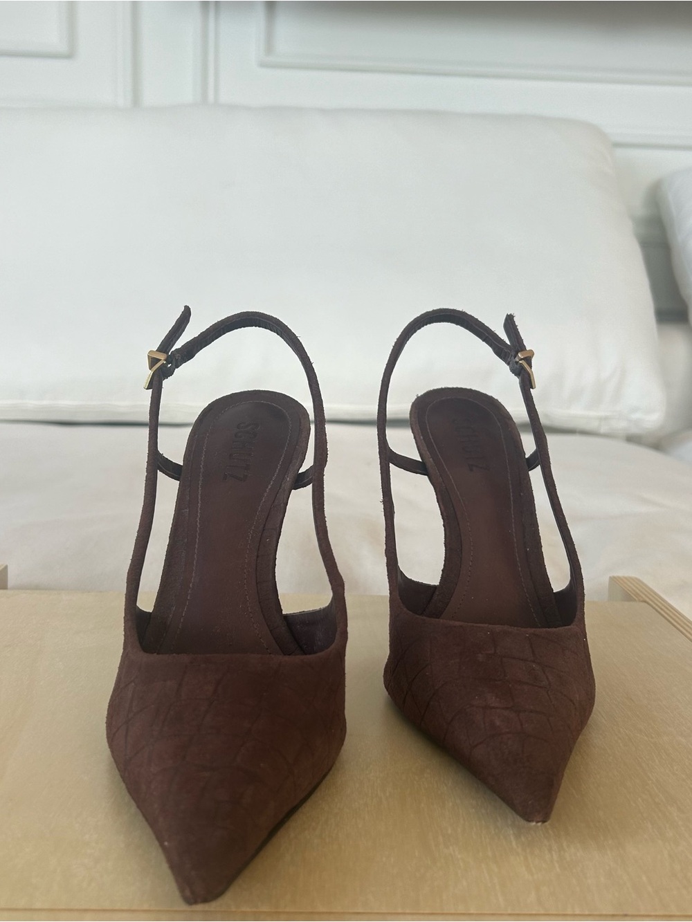 SCHUTZ Brown Suede Boris Pump Slingback Heel in Root Brown